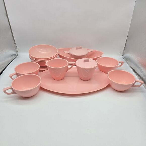 VTG Melmac Pink Dinnerware 14 Pc Lot  Cups, Bowls, Cream Sugar Serving Tray - Picture 1 of 11